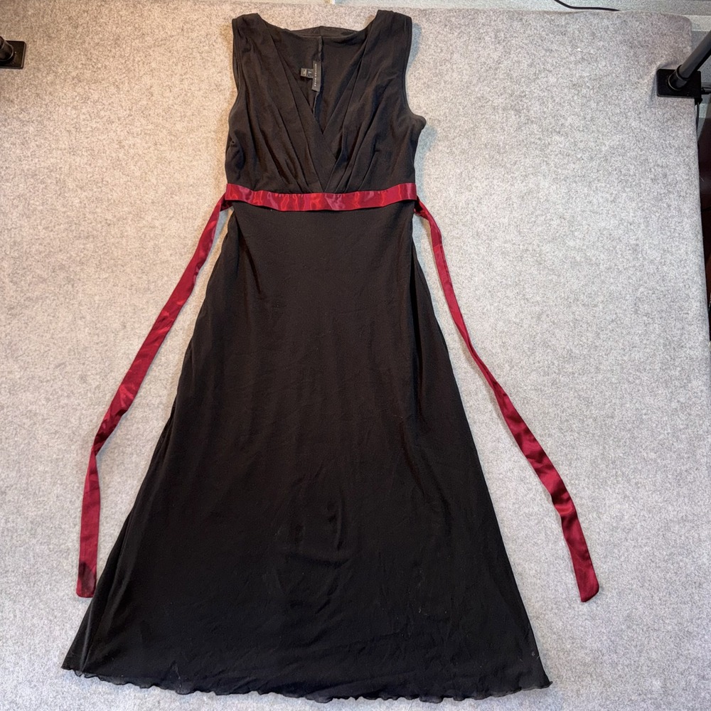 Weston Wear Surplice Midi Dress Large Black Red Satin Ribbon Waist Tie